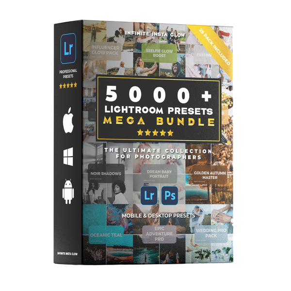 Infinite Insta Glow – Ultimate Lightroom Bundle (5000+ Boho, Moody & Dreamy Presets)